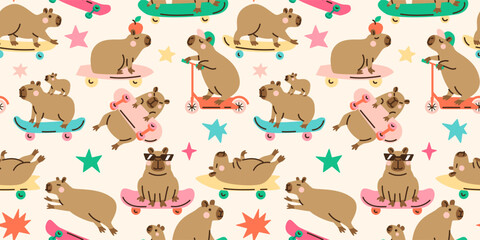 Seamless pattern with cute capybaras on skateboards. Hand drawn vector illustration. Naive childish design. Cool comic character, kids poster, card, social media banner.