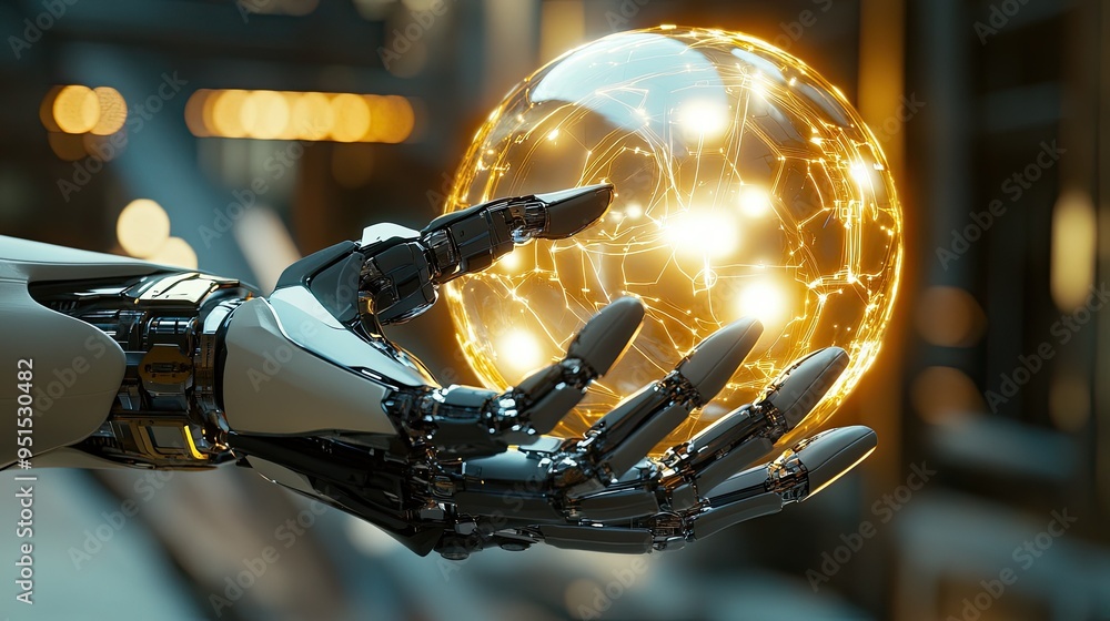 Poster close-up of a robot hand grasping a luminous ai sphere, showcasing the integration of technology and