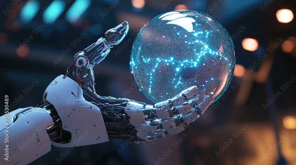 Poster close-up of a robot hand grasping a luminous ai sphere, showcasing the integration of technology and