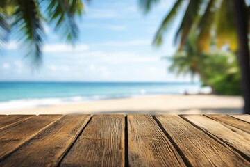 Fototapeta premium Empty wooden table with blurred beach with coconut trees in the background with generative ai