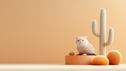 An owl resting on a desert podium beside a tall cactus under a bright sun.