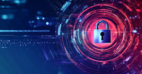 A striking digital security illustration features a padlock amidst a high-tech circular design, emphasizing advanced cybersecurity themes and innovative technology