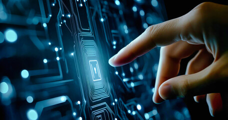 A businessman touches a virtual lock icon against a backdrop of intricate circuit patterns, emphasizing the importance of cybersecurity in the digital age