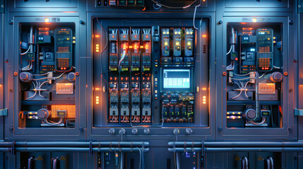 Bright blue backlighting illuminates a complex industrial control cabinet filled with wires and electronic components, showcasing advanced technology and connectivity