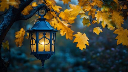 Bright autumn leaves illuminate a lantern