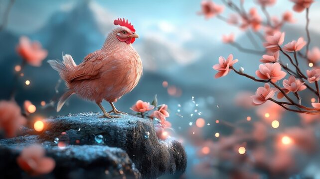 A chicken positioned on a sea-themed podium with a fantastical landscape and glowing lights.
