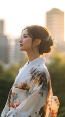 Fototapeta premium Elegant Asian Woman in Flowing Silk Kimono Stands Gracefully in Urban Park Sunset