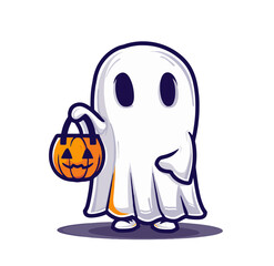 A cute Halloween ghost carrying a pumpkin bucket, perfect for representing festive and playful Halloween themes.