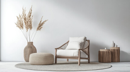 Room interiors with boho decor, neutral colors and natural lighting. Chic property interior design composition.