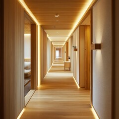 Fototapeta premium Cozy hallway with warm lighting, wooden accents, and a welcoming atmosphere, connecting different spaces