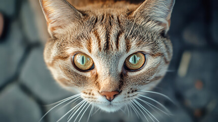 A playful kitten gazes curiously with wide eyes, surrounded by a softly blurred background that highlights its charming features