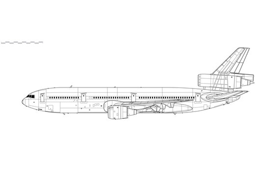 McDonnell Douglas DC-10-30. Vector drawing of long-range, wide-body passenger jet airliner. Side view. Image for illustration and infographics.