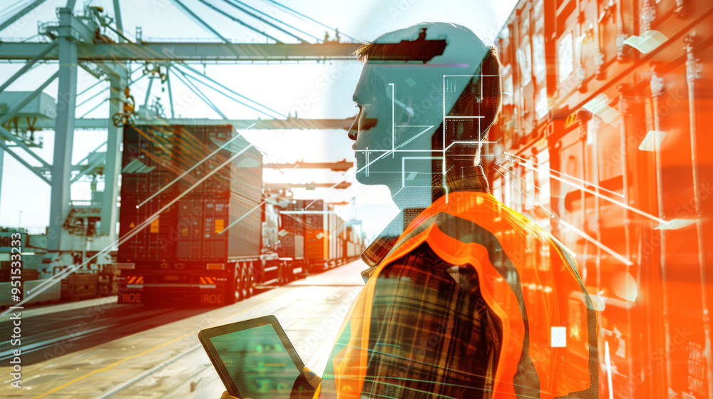 Poster a logistics worker in a reflective vest checks a tablet in a busy container yard, surrounded by digi