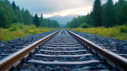 Fototapeta premium A tranquil view of a railway track stretching into the distance, surrounded by lush nature and soft cloudy skies.
