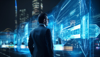 Strategic Businessman Analyzing Futuristic City Layout with Holographic Earth Model