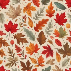Seamless pattern of autumn leaves in orange and yellow, featuring maple leaves and fall foliage with a natural, decorative design