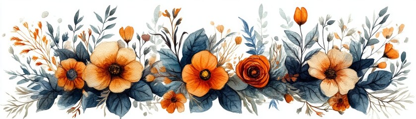 A vibrant floral arrangement featuring orange flowers and lush greenery, perfect for seasonal decor or artistic projects.