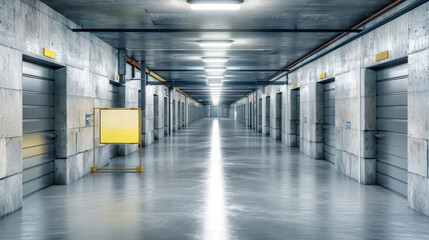 A contemporary warehouse showcases clean lines and spacious aisles, with gray doors, a welcoming yellow sign, and an inviting open entry