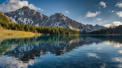 Obraz premium Panoramic scene of mountain and its reflection in blue lake