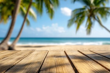Fototapeta premium Empty wooden table with blurred beach with coconut trees in the background with generative ai