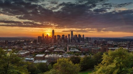 Naklejka premium Panoramic sunset view of city from green hill