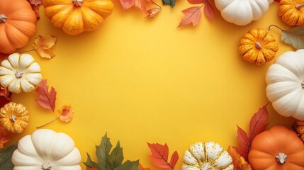 Autumn composition with pumpkins on colored paper. Great template for fall and holiday invites.