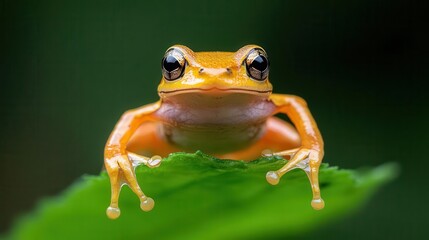 Obraz premium A vibrant orange frog perched on a green leaf, showcasing its glossy skin and captivating eyes in a natural setting.
