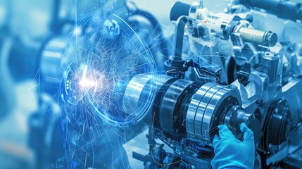 Close up of a worker's gloved hand adjusting a metal machine part, with a blue glow and digital lines around the object.