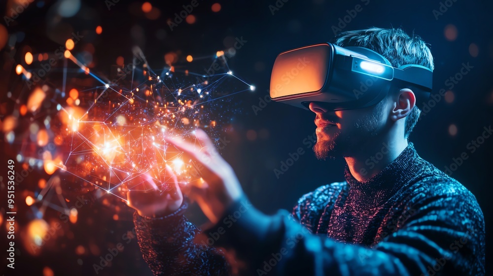 Poster A man using virtual reality glasses interacts with glowing digital elements in a futuristic setting.