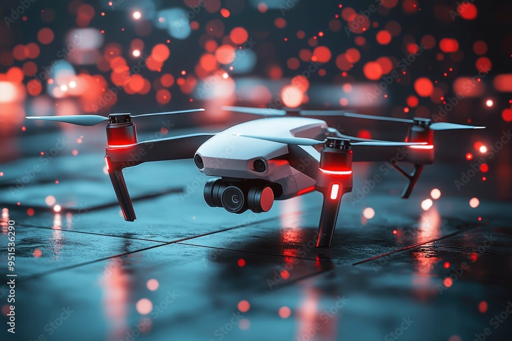 Poster a white drone with red lights hovering above a wet surface with red bokeh lights