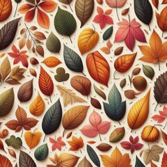 Seamless pattern of autumn leaves in orange and yellow, featuring maple leaves and fall foliage with a natural