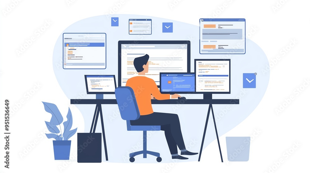 Poster a professional man working at multiple computer screens, showcasing a modern workspace with digital 