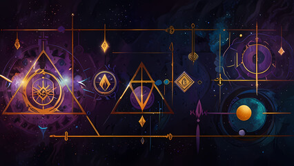A cosmic blend of deep purples, blues, and golds, with abstract shapes and lines resembling runes and arcane symbols, glowing with a magical aura