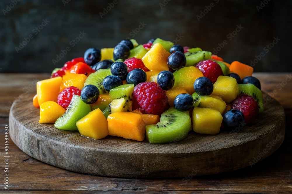 Sticker Colorful Fruit Salad on Wooden Board