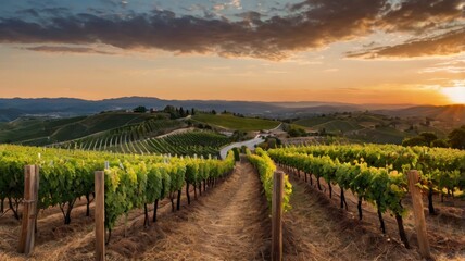 Fototapeta premium Panoramic view of hilltop vineyard at sunset