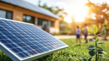 Bright rural school with solar panels, children playing outside, green energy, clean future