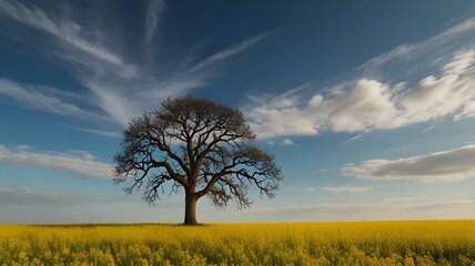 Solitude in Bloom: A Lone Tree in a Mustard Yellow Field