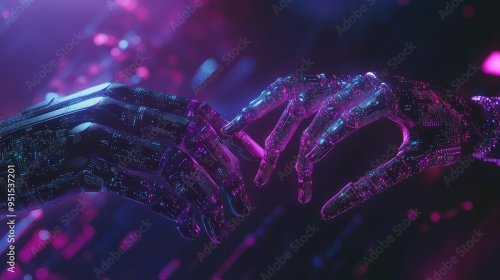 Poster interaction between human and robotic hands, connected by glowing circuits and data streams, represe