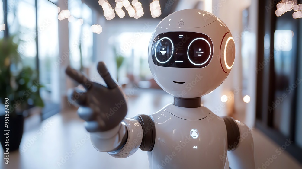 Poster friendly robot in a modern setting, showcasing advanced technology and interactive design, perfect f