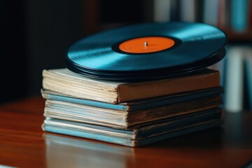 A vintage vinyl record on a stack of old books, creating a nostalgic and artistic atmosphere in a cozy environment.