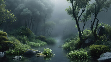 Fototapeta premium Misty Forest-Themed Wallpaper for Aquascape and Aquarium Environments