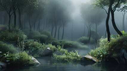 Misty Forest-Themed Wallpaper for Aquascape and Aquarium Environments