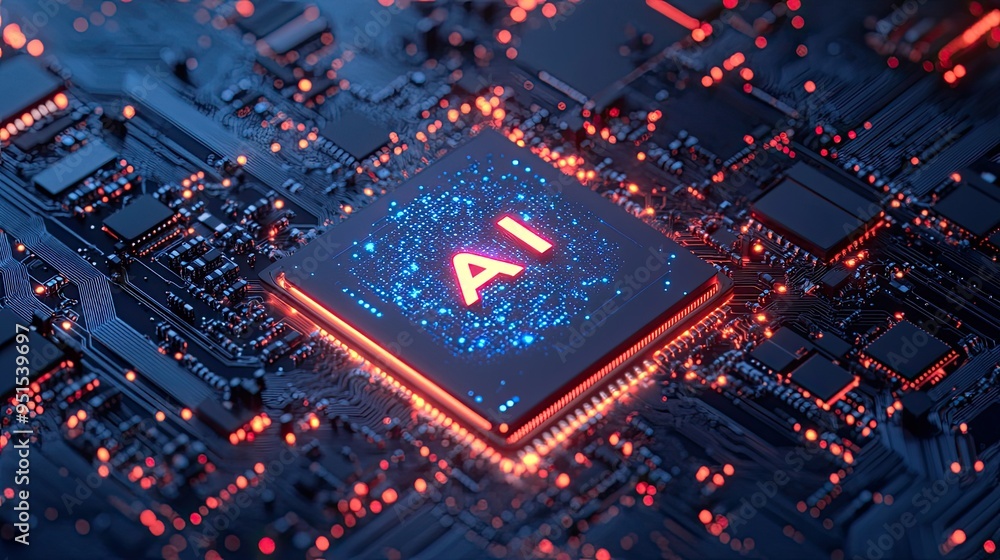 Poster microchip symbolizing artificial intelligence with intricate details, glowing lines, and the letters