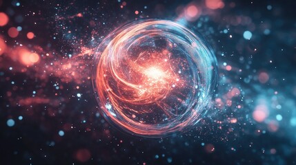Neon energy sphere with swirling particles and waves, radiating light and energy in an abstract, dark environment.