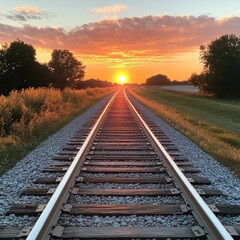 Fototapeta premium Railroad track stretching into the horizon, with a sunset casting warm light on the rails and the surrounding landscape