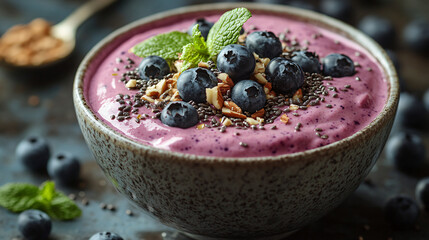 A vibrant and nutritious smoothie bowl topped with blueberries, nuts, and seeds, designed for a brain-boosting breakfast.