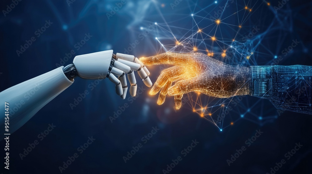 Poster robotic and human hands touching, with a digital network in the background, representing the collabo