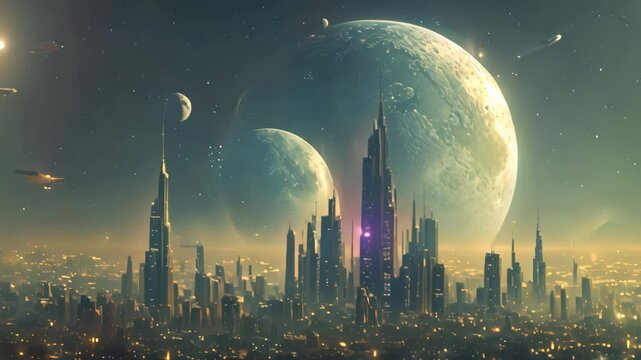 A futuristic city on a distant planet illuminated by two moons, A futuristic city on a distant planet, its skyscrapers gleaming in the light of multiple moons