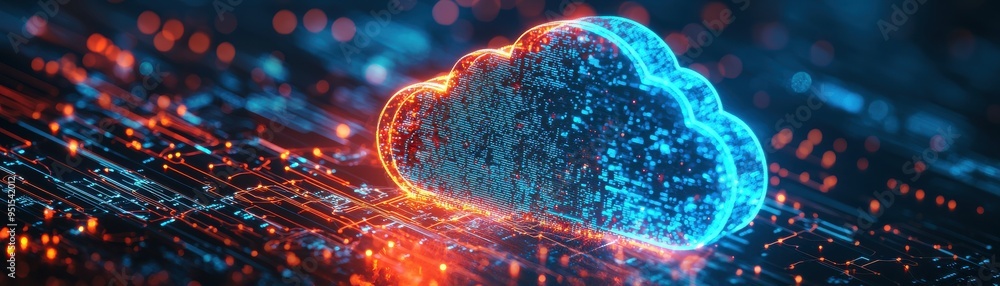 Poster a futuristic cloud representing digital storage with glowing particles and data flow, symbolizing te