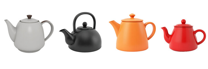 Obraz premium modern tea kettle pots with diffrent colors on transparent background